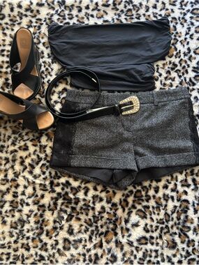 Express Black & Gray Herringbone Lace-Trim High Waist Shorts